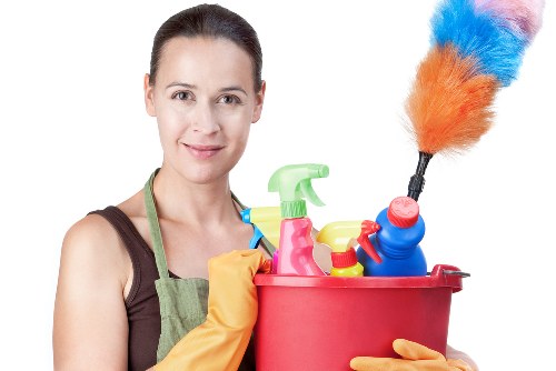 House cleaning essentials in a bright living room